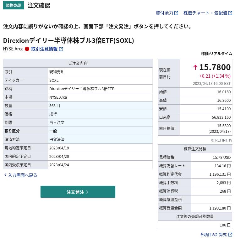 weeklizm.com SOXL 120万円分を売り注文 受渡予定日は4/24
